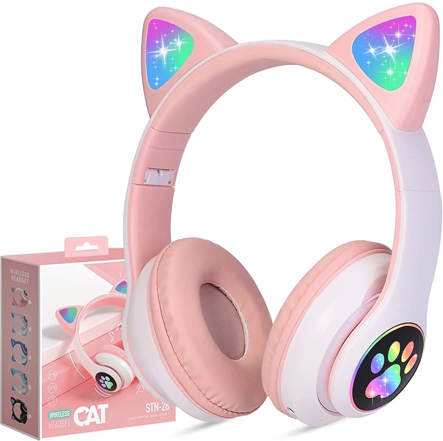 Wireless Bluetooth Headphones for Kids with Cat Ear LED Lights, Foldable Design, and Microphone for Online Learning (Pink)